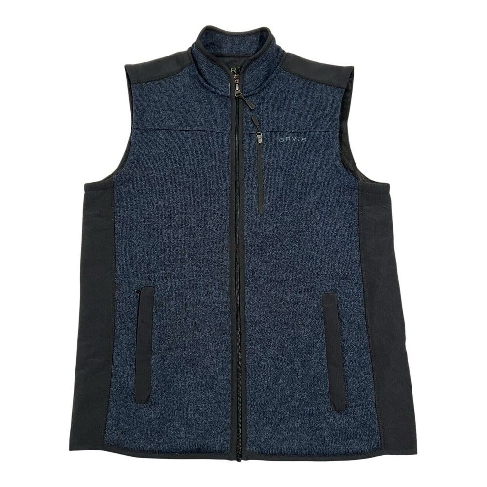 Orvis Men's‎ Sz M/M Blue Knit Fleece Lined Fishing Vest Full Zip Woven Panels